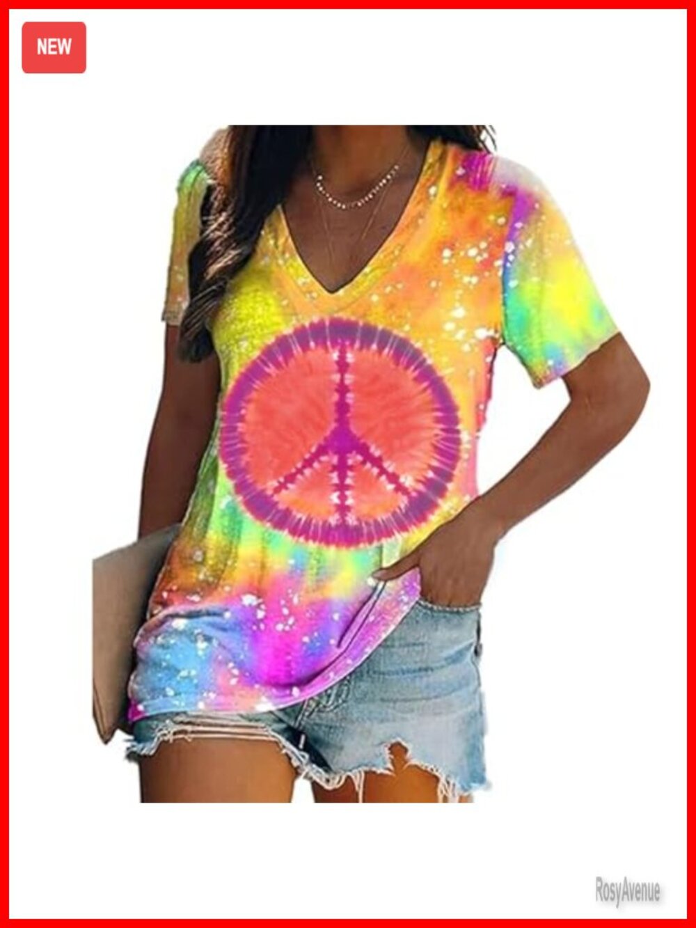 Women Hippie Tie Dye T-Shirt Peace Sign Graphic Short Sleeve V-Neck Retro